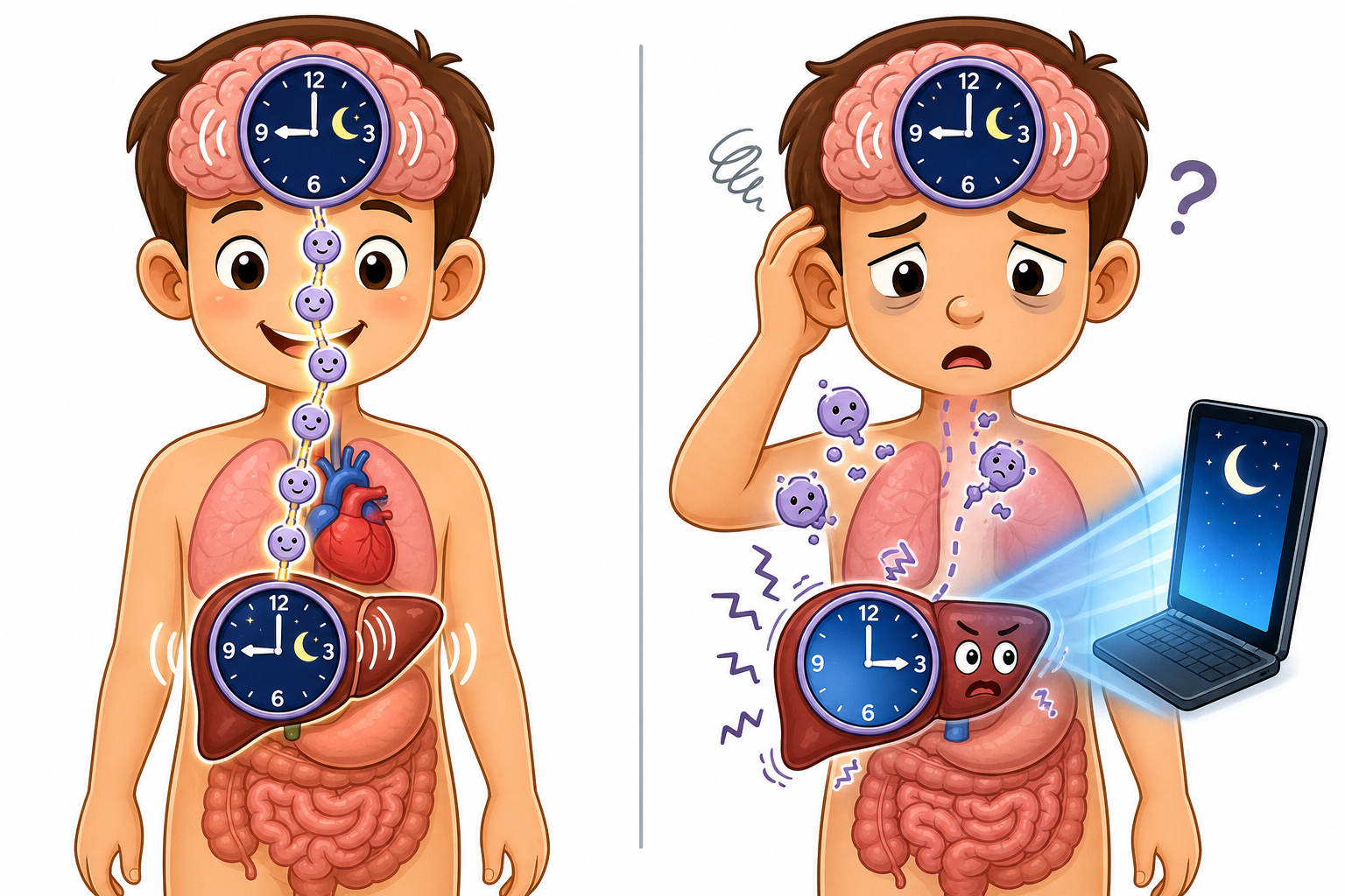Your body and liver have internal clocks that normally work together, keeping everything in sync. Late-night screen time or irregular sleep can confuse your liver's clock, making it difficult for it to do its job properly.