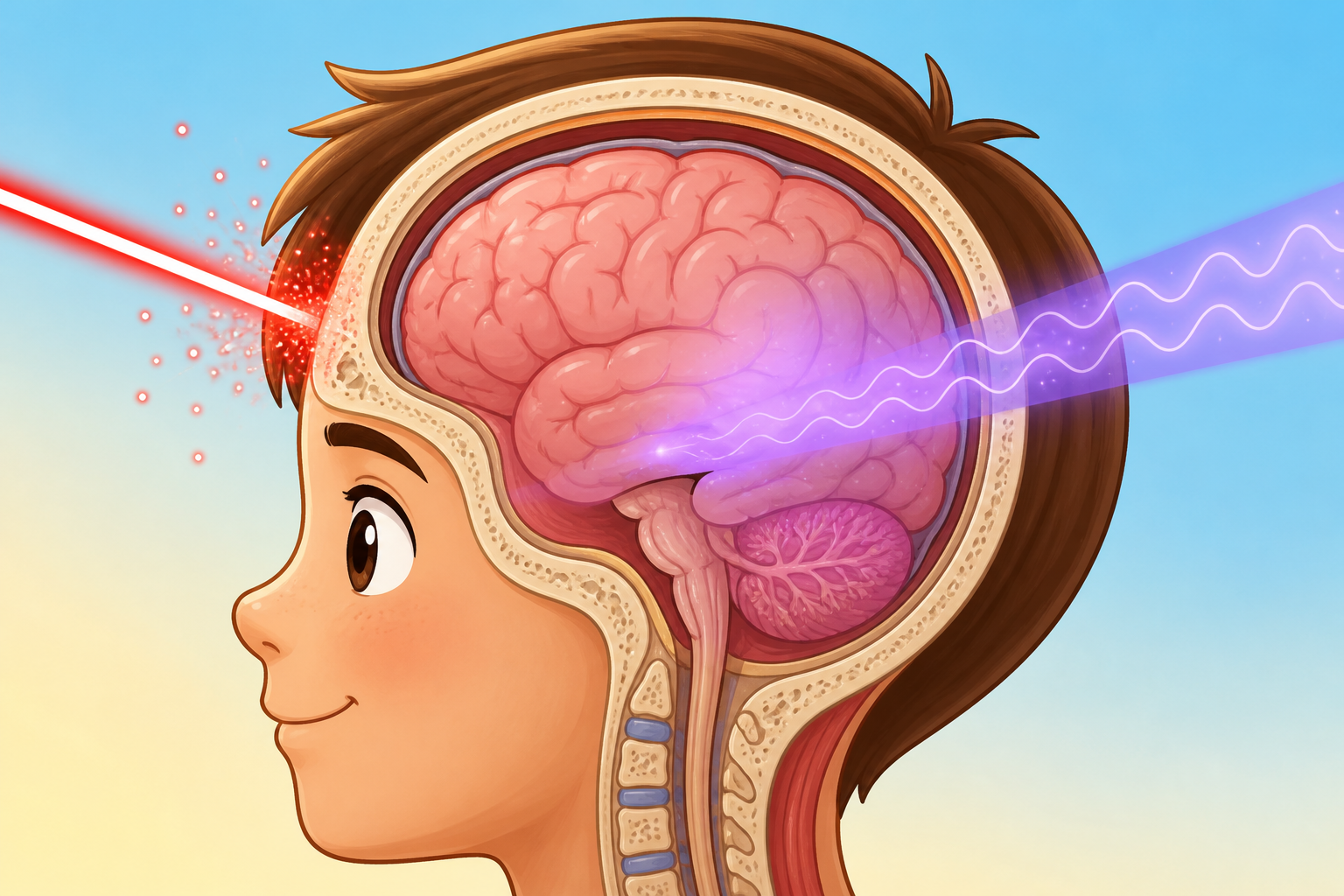 Red light and near-infrared light penetrate the skull differently. Near-infrared light can reach deeper into the brain tissue, while standard red light mostly scatters at the surface.