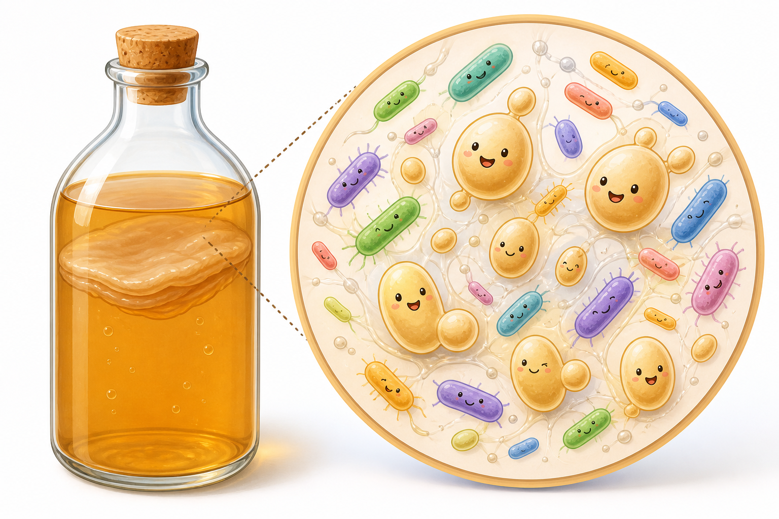 The 'mother' in raw apple cider vinegar is actually a SCOBY – a Symbiotic Culture of Bacteria and Yeast. This cloudy substance is packed with live microbes.