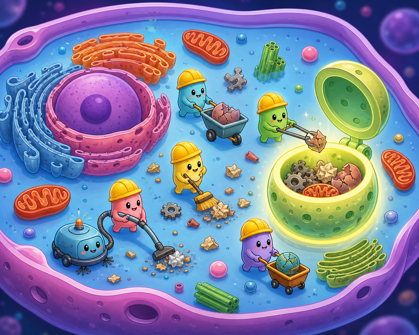 Autophagy is like a cell's internal cleanup crew. This process involves the cell breaking down and recycling its own damaged parts to keep everything running smoothly and prevent further issues.