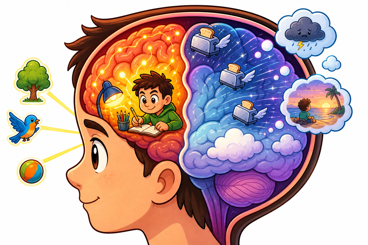 The Default Mode Network (DMN) is like your brain's screensaver. It becomes active when you're not focused on the outside world, like when you're daydreaming or worrying.