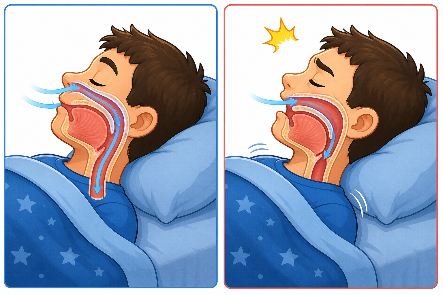 Obstructive sleep apnea happens when throat muscles relax and block your airway during sleep, causing you to briefly stop breathing. Your brain then wakes you up just enough to gasp for air.