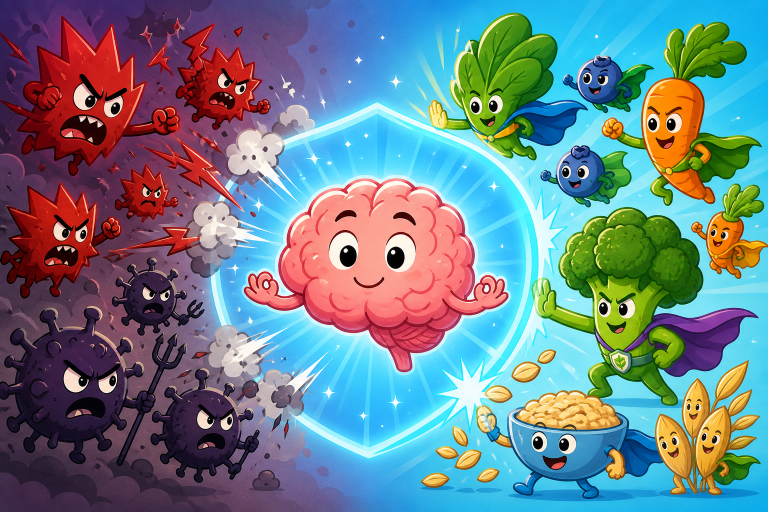 Healthy foods, rich in antioxidants, act like tiny superheroes that fight off harmful inflammation and oxidative stress in your brain, helping it function better.