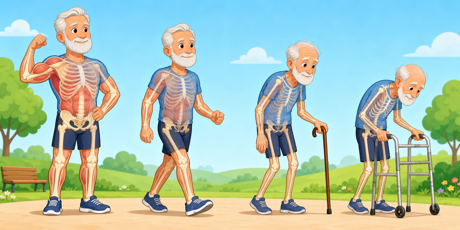 Sarcopenia is when we lose muscle as we get older, and osteosarcopenia is when we also lose bone. This can make us feel weaker and less stable, highlighting why maintaining muscle and bone health is so important.