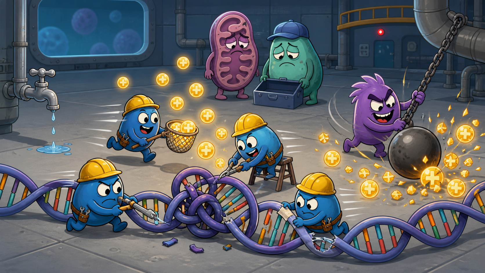 As we get older, our cells produce less NAD+ while needing more of it for repairs. Enzymes like PARPs use it to fix damaged DNA, and CD38 aggressively destroys it, leading to an energy shortage.