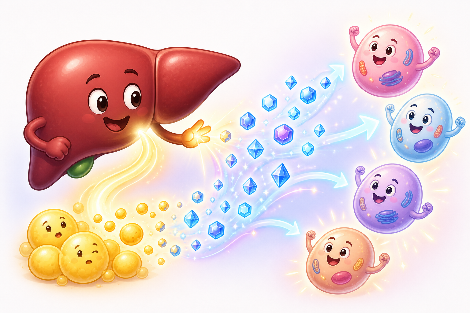 When carbohydrates are low, the liver acts as a factory, converting stored fat into small energy packets called ketones for the body to use.