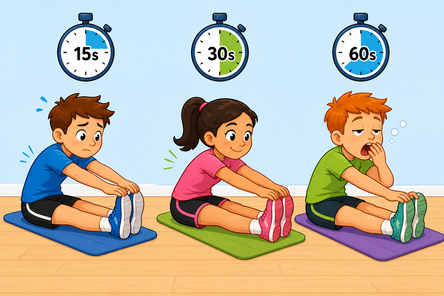 Research shows that holding a stretch for 30 seconds is usually all you need to improve flexibility. Stretching longer doesn't give extra benefits.