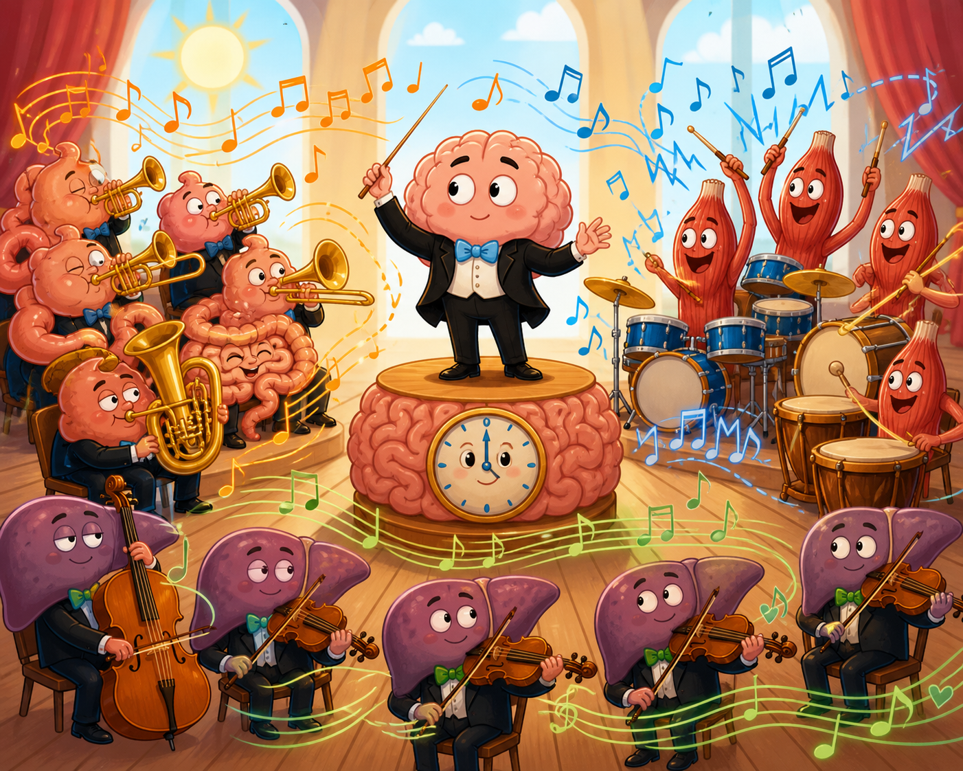In shift work, your brain's master clock (the conductor) tries to follow the natural day, but your organ clocks (the orchestra sections) respond to your unusual meal times. This 'internal desynchronization' causes confusion and strain.
