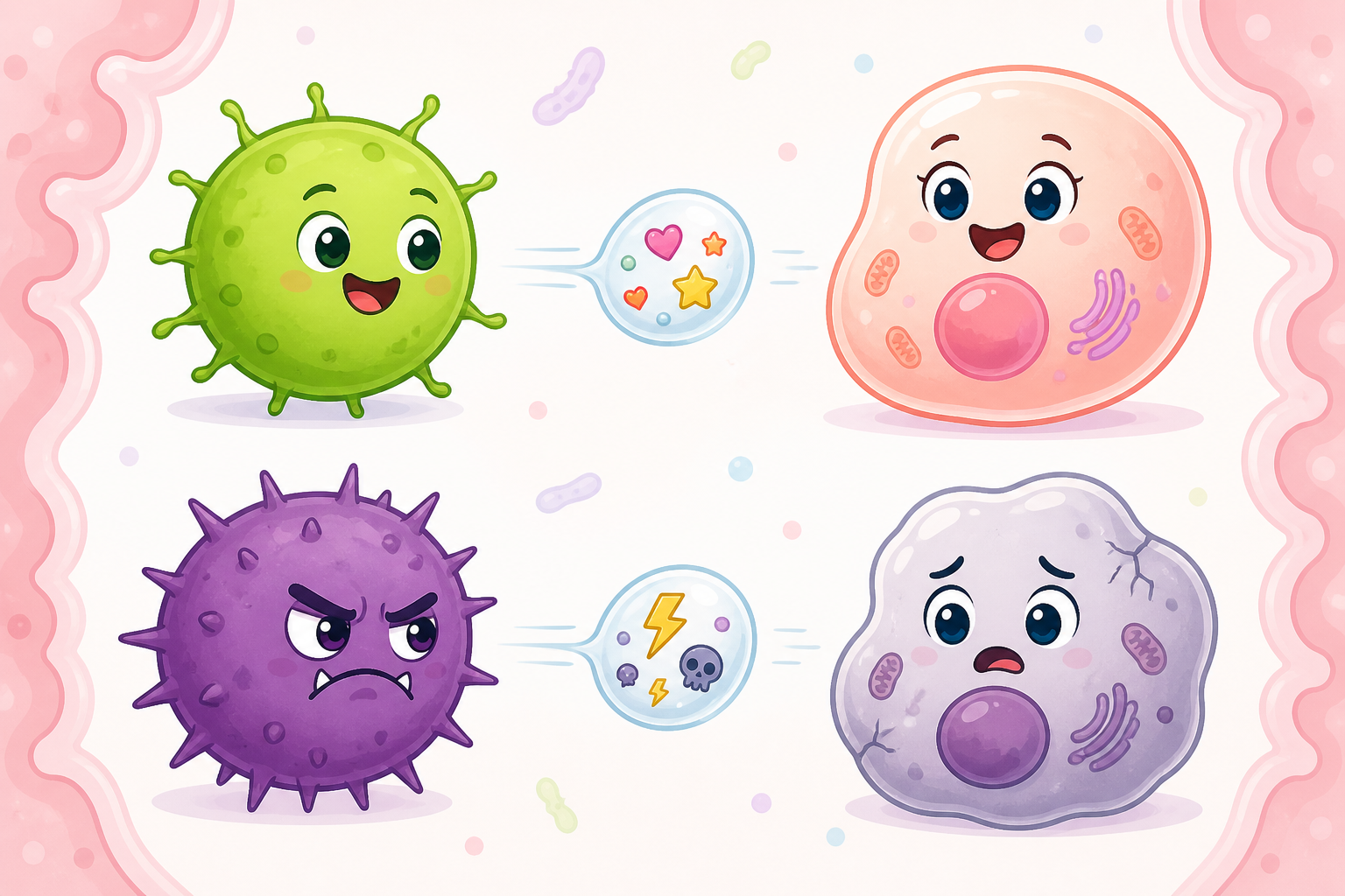 Extracellular vesicles are tiny bubbles released by bacteria that carry 'packages' of information to human cells. Good bacteria send helpful packages, while harmful bacteria can send damaging ones.