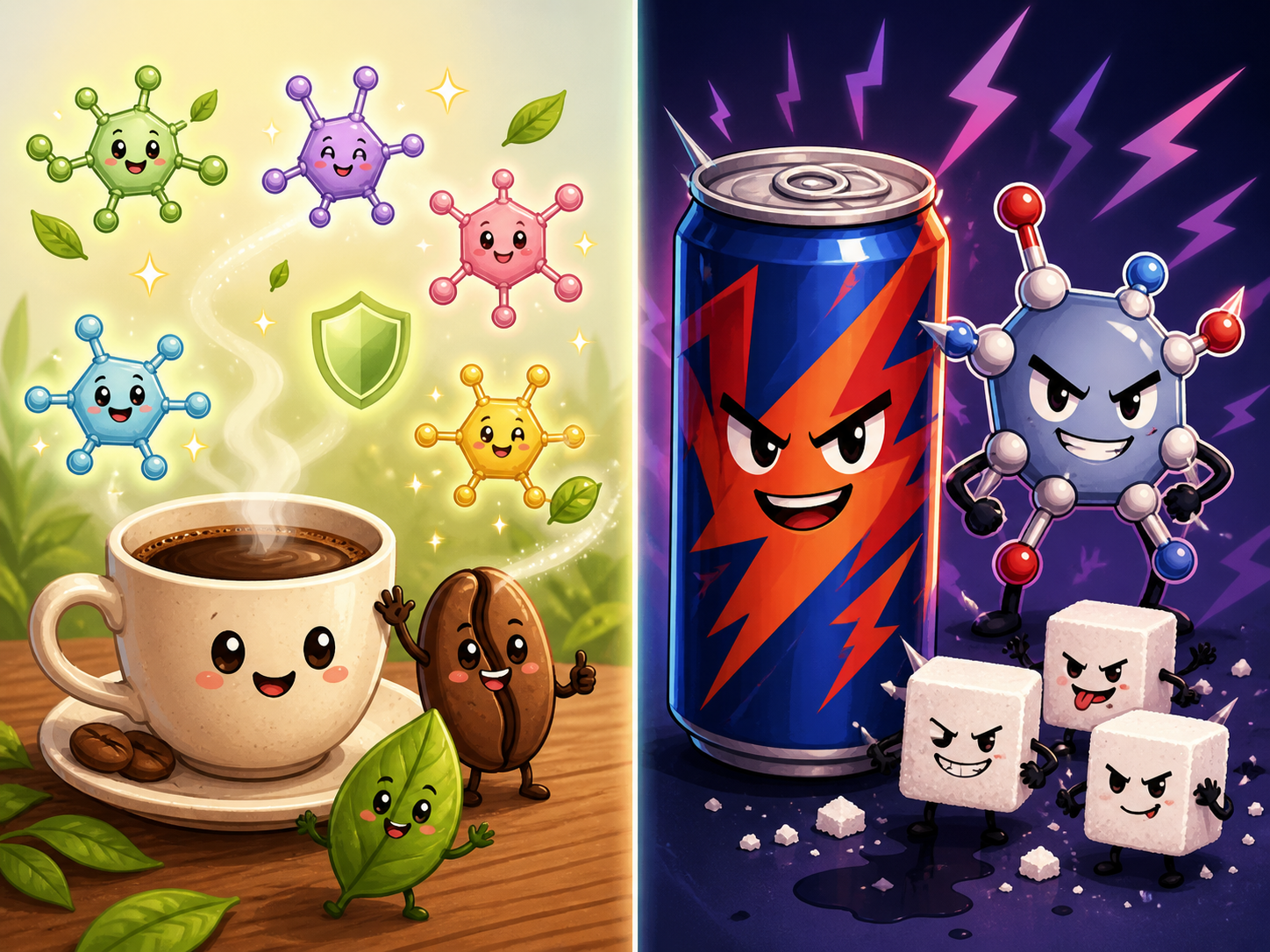 Natural caffeine sources like coffee and tea come with extra beneficial plant compounds (polyphenols) that boost their protective effects. Many energy drinks, however, contain synthetic caffeine and often high amounts of sugar, which can cancel out some benefits.