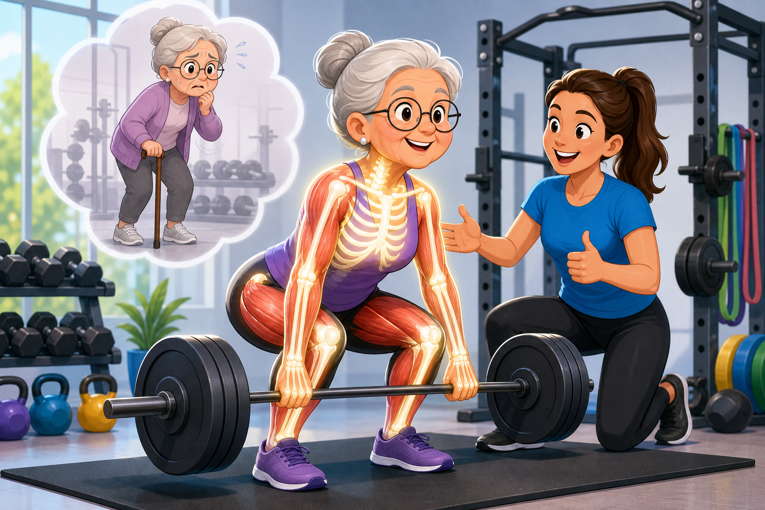 This illustration shows an older adult safely performing heavy resistance training. Research now confirms that supervised heavy lifting can significantly strengthen bones and muscles, helping older adults stay strong and independent.