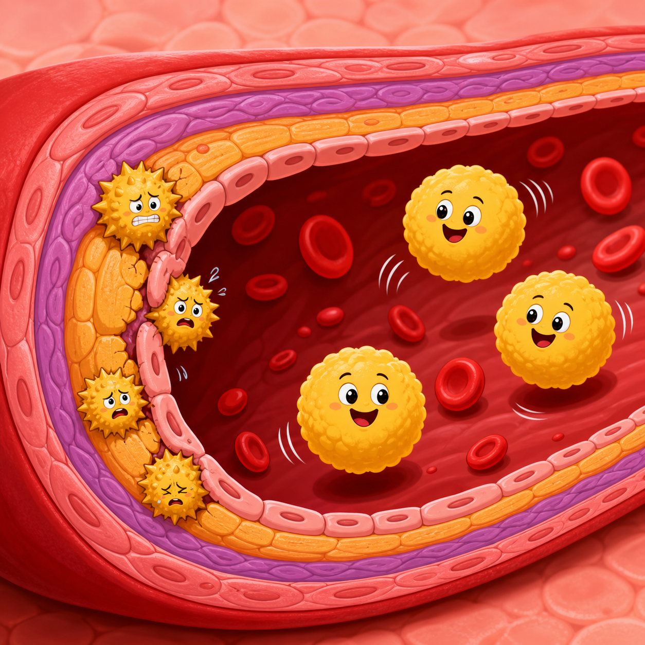 Not all LDL particles are the same. Small, dense LDL particles can get stuck in blood vessel walls, while larger, fluffier LDL particles tend to travel through without causing problems.