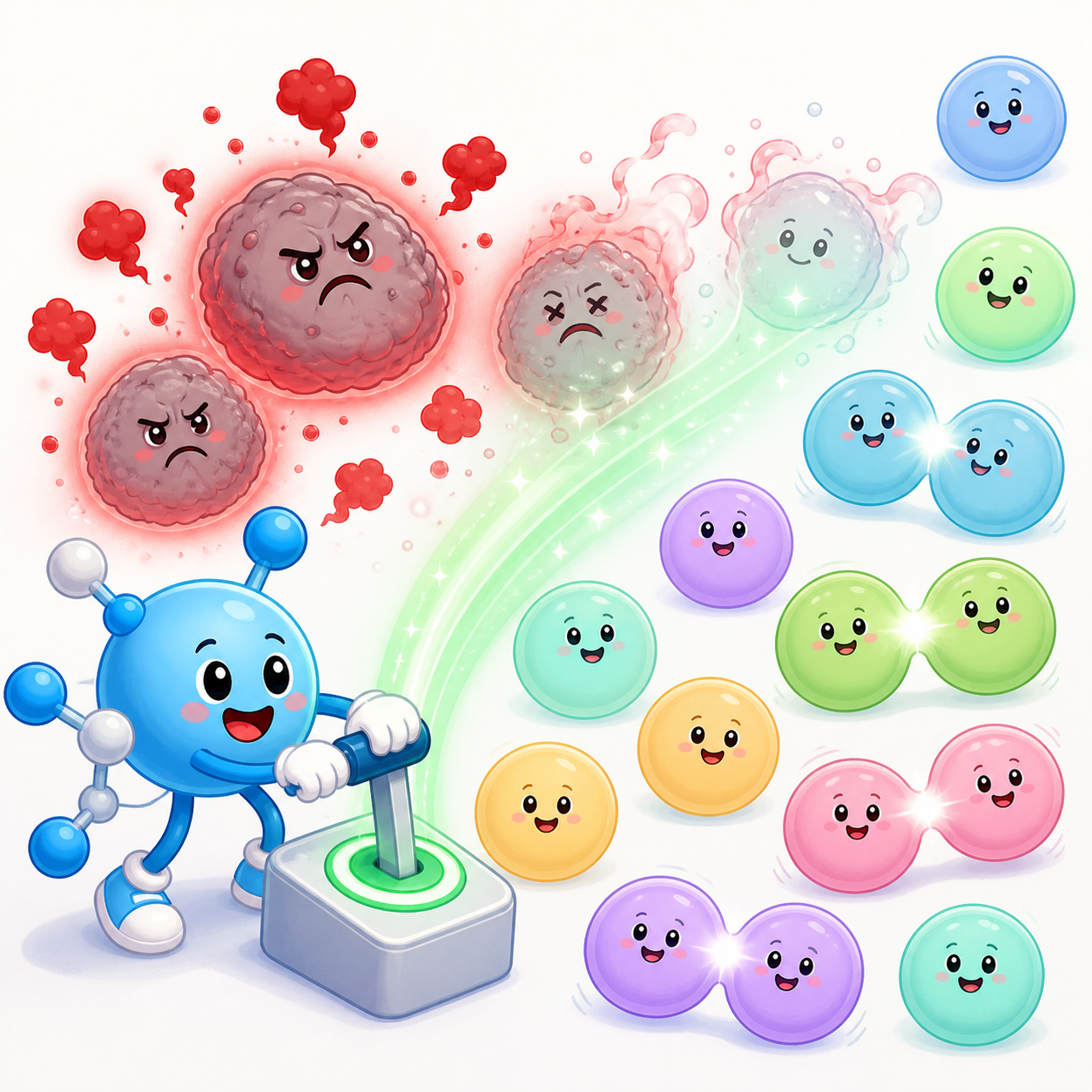 'Zombie cells' (senescent cells) stop dividing and release harmful chemicals. NAD+ can help immune cells clear these out, preventing damage to surrounding healthy cells.