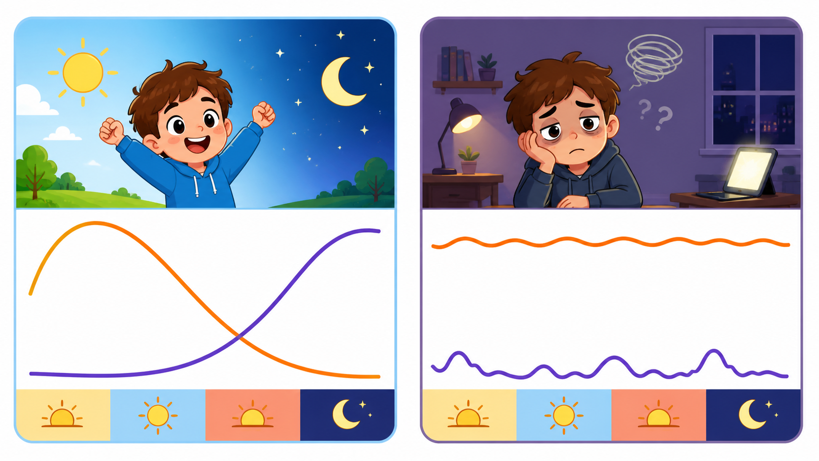 Normally, hormones like cortisol (which wakes you up) and melatonin (which makes you sleepy) follow predictable daily patterns. Shift work can flatten cortisol levels, keeping them elevated, and disrupt melatonin, affecting sleep and stress.