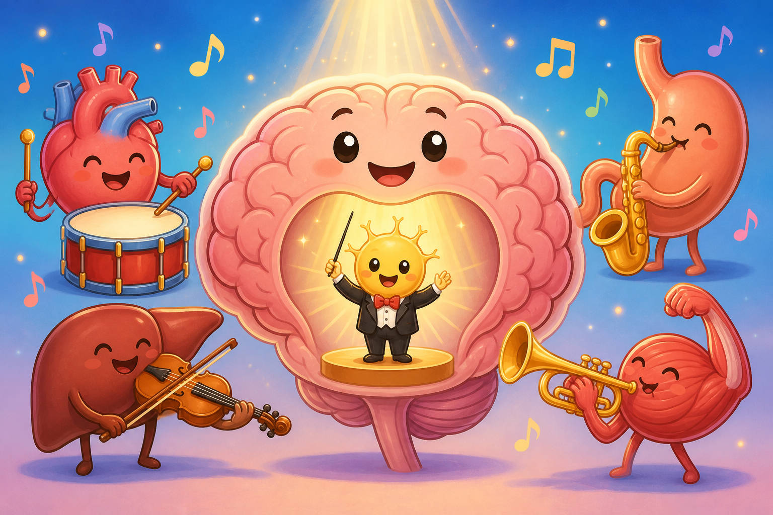 The SCN, located in your brain, acts like a conductor, telling all your body's organs when to 'play' their functions throughout the day, keeping your internal clock in sync.