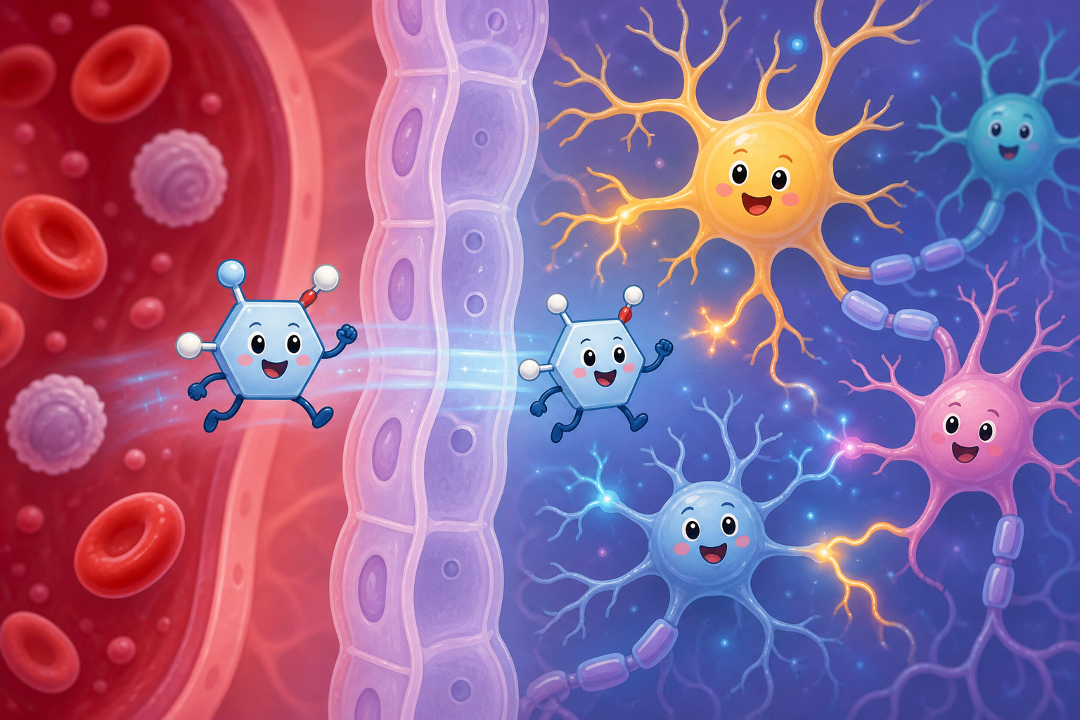 This illustration shows how glucosamine molecules easily cross the blood-brain barrier to enter the brain. Once inside, they help brain cells communicate and generate energy, supporting overall brain health.