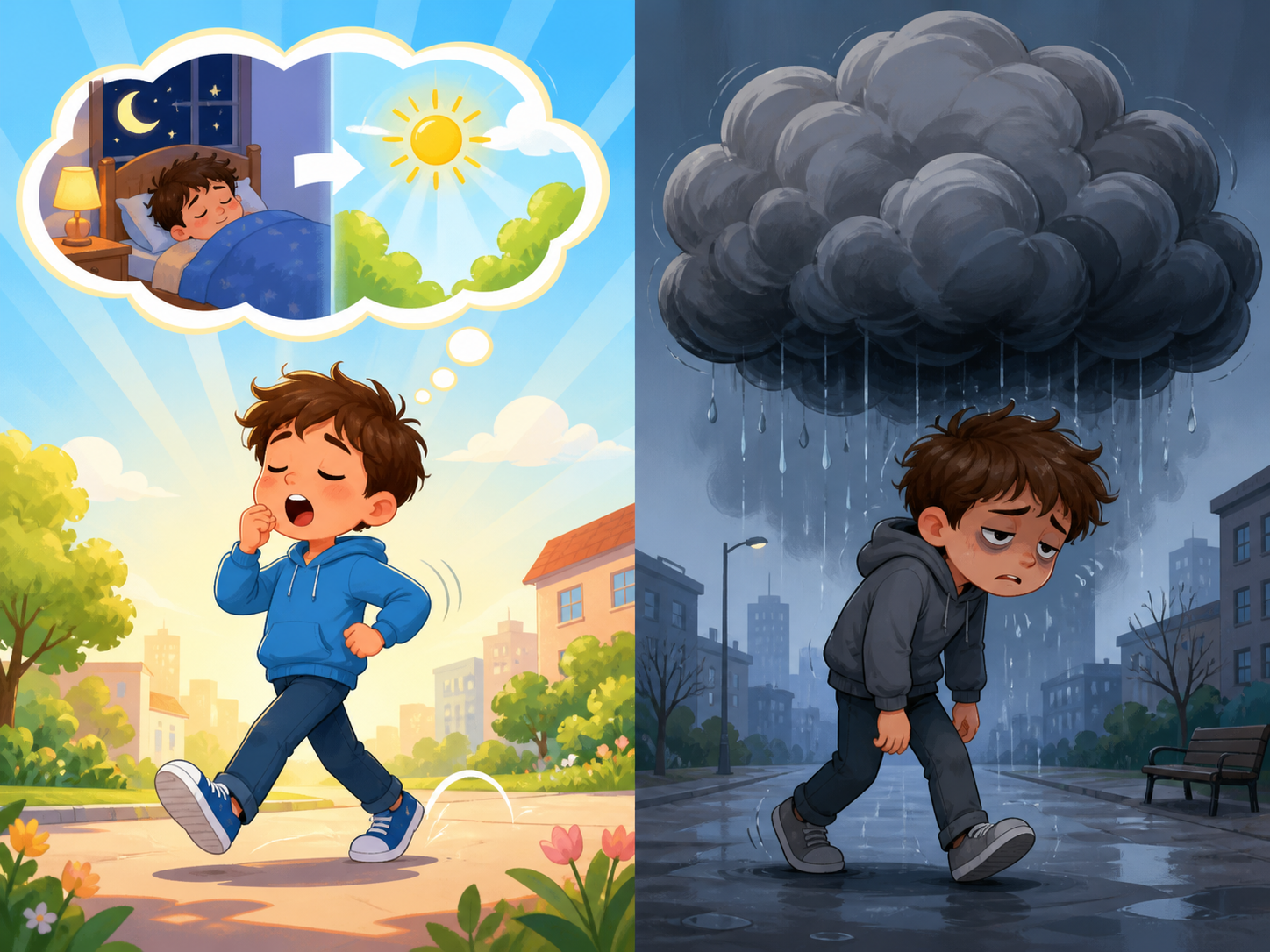 This illustration shows the difference between normal tiredness that sleep can fix, and chronic fatigue, which feels like a constant, heavy weight that doesn't go away easily.