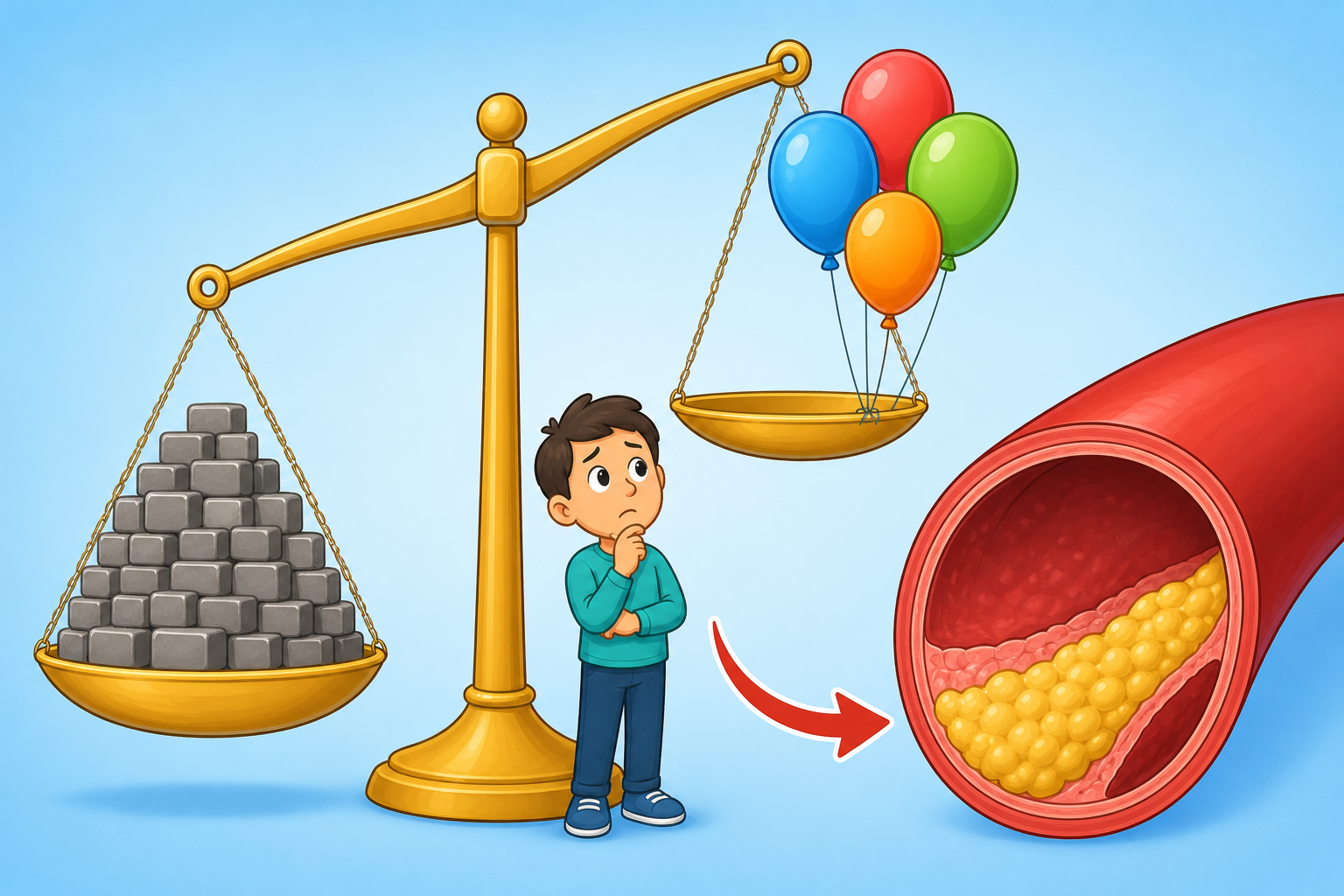 This image shows how a high number of triglycerides combined with a low amount of HDL cholesterol creates an imbalance, leading to a high AIP score and increasing the risk of plaque buildup in your arteries.