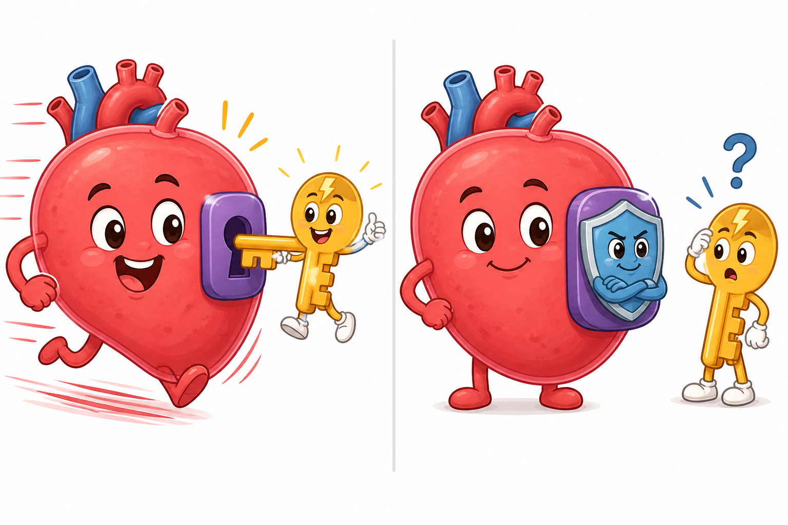 This image shows how beta-blockers work. Adrenaline (the key) usually binds to beta-receptors (the lock) on heart cells, speeding them up. Beta-blockers (the shield) block these receptors, preventing adrenaline from acting and helping your heart relax.