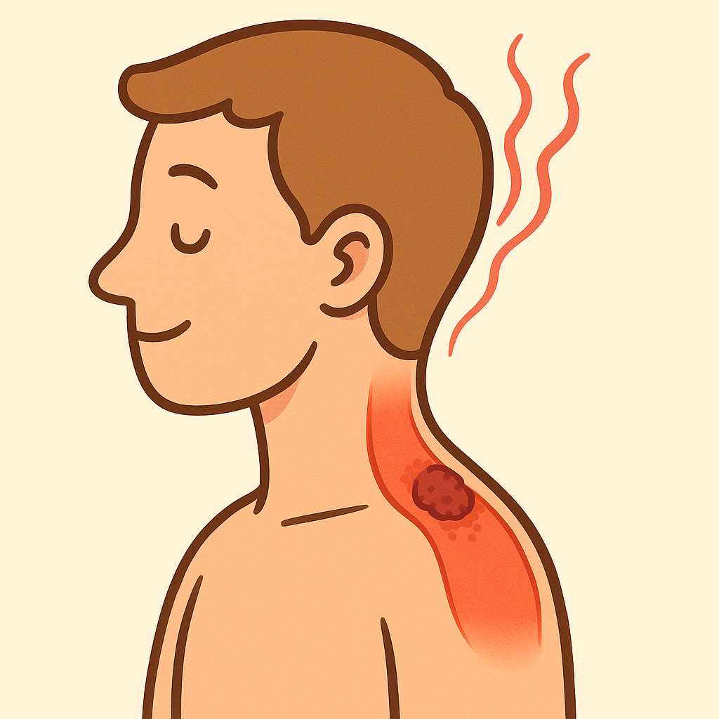 This illustration shows a trigger point, often felt as a knot, in the neck. These points can refer pain to other areas, like causing a headache.