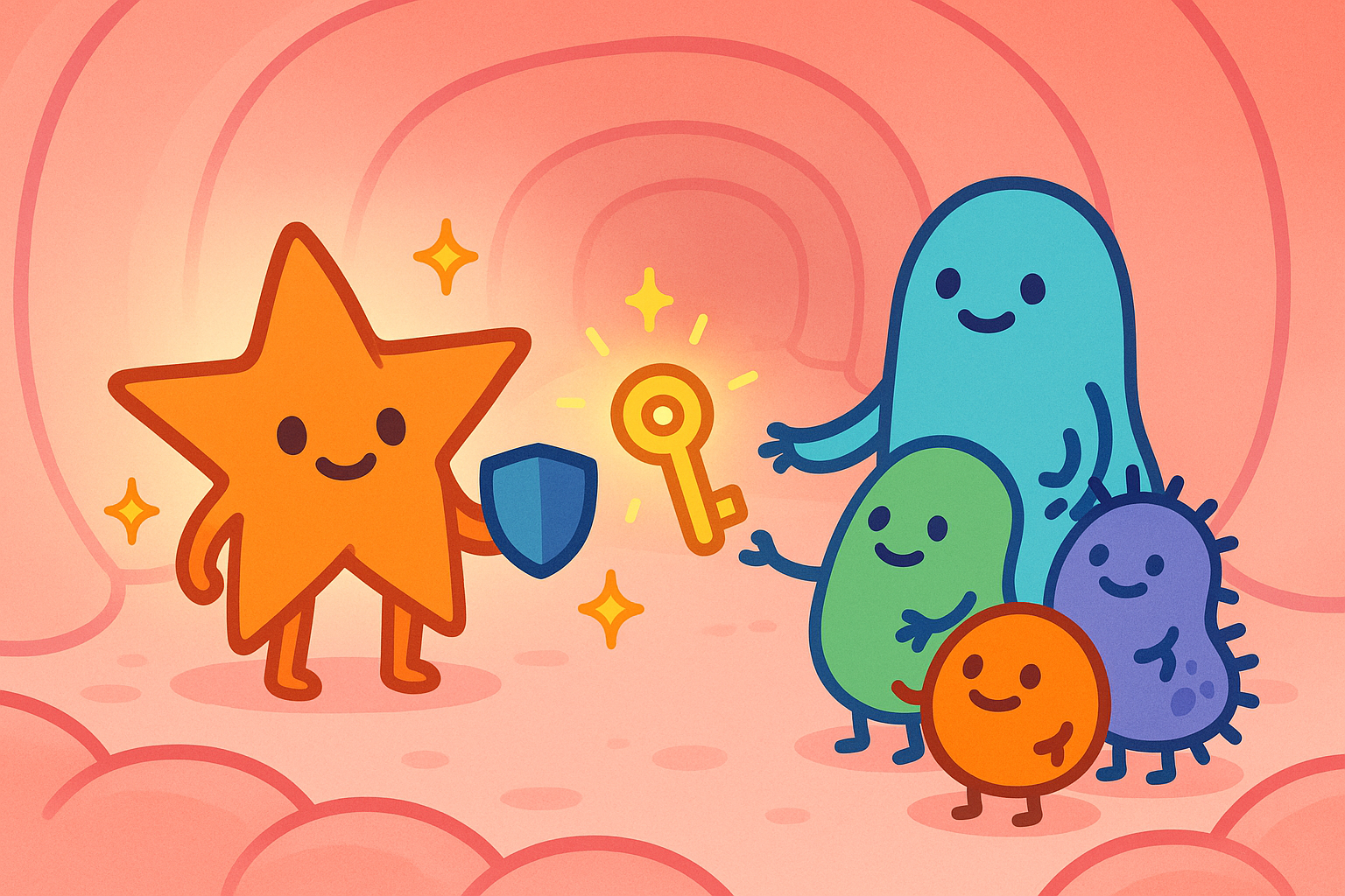 This illustration shows the two-way street between Vitamin A and your gut bacteria. Vitamin A helps keep your gut strong and healthy, and in return, your gut bacteria help turn Vitamin A into a form your body can use.