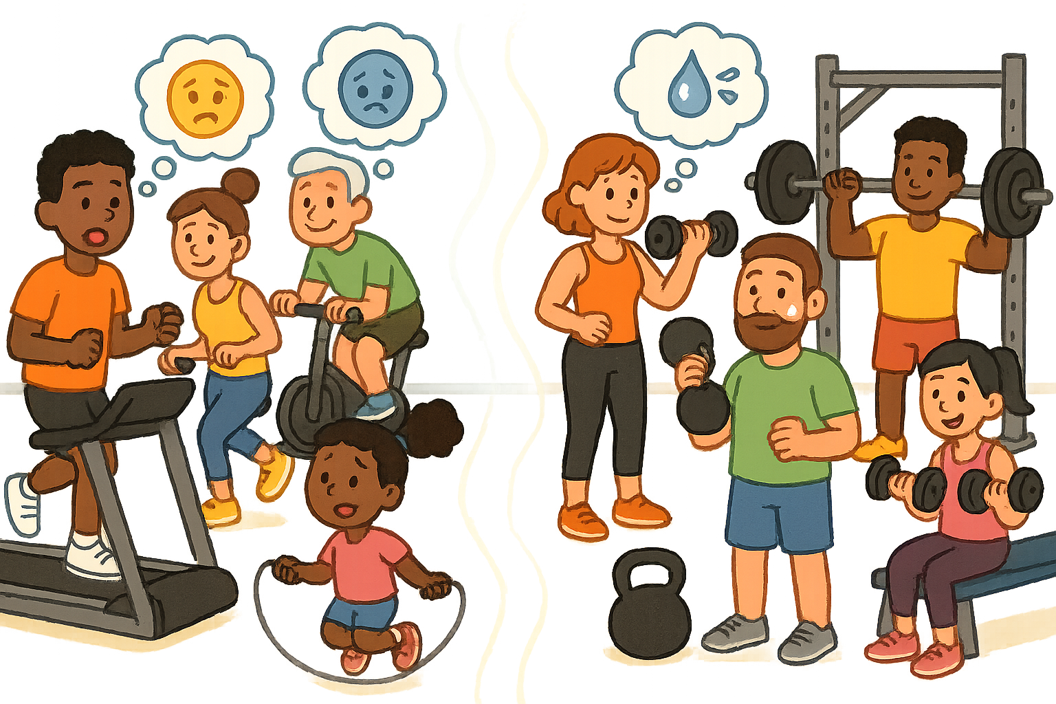 This image shows the common gym divide, where cardio enthusiasts and weightlifters often believe their preferred exercise type will cancel out the benefits of the other. This idea is known as the 'interference effect'.