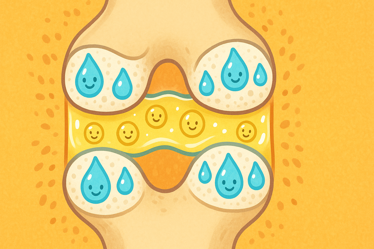 This illustration shows a healthy joint. Articular cartilage caps the bones, while slippery synovial fluid (rich in hyaluronic acid) acts as a lubricant. Chondroitin sulfate helps cartilage stay spongy and absorb shocks.