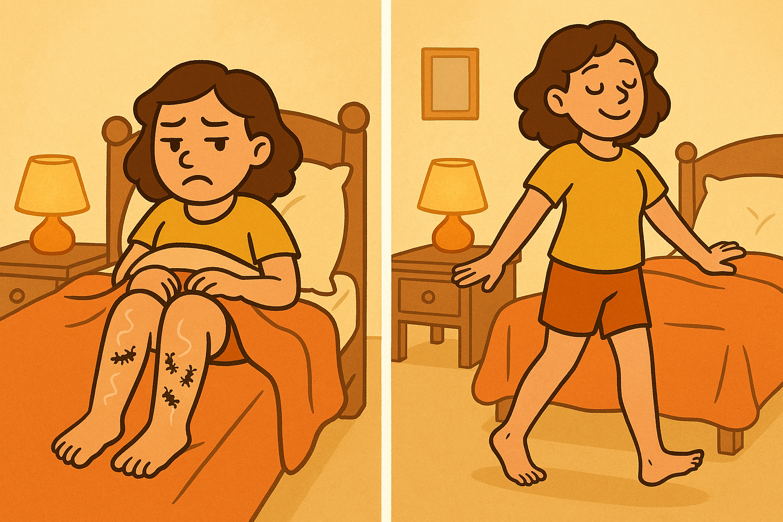 This image shows the frustrating cycle of Restless Legs Syndrome: an uncomfortable, crawling sensation in the legs that is only relieved by moving or stretching.