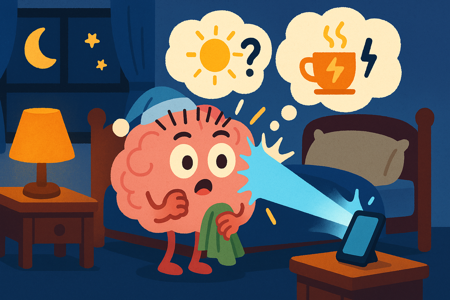 This illustration shows how blue light from screens at night tricks your brain. Your brain thinks it's daytime, which stops the production of melatonin and makes it hard to fall asleep.