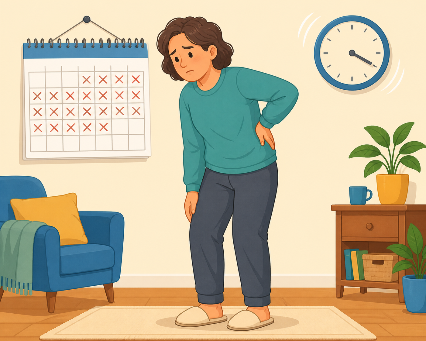 This image shows someone experiencing chronic non-specific low back pain, which is pain that lasts over 12 weeks without a specific injury or disease cause. Pilates can be a good way to help manage this type of discomfort.