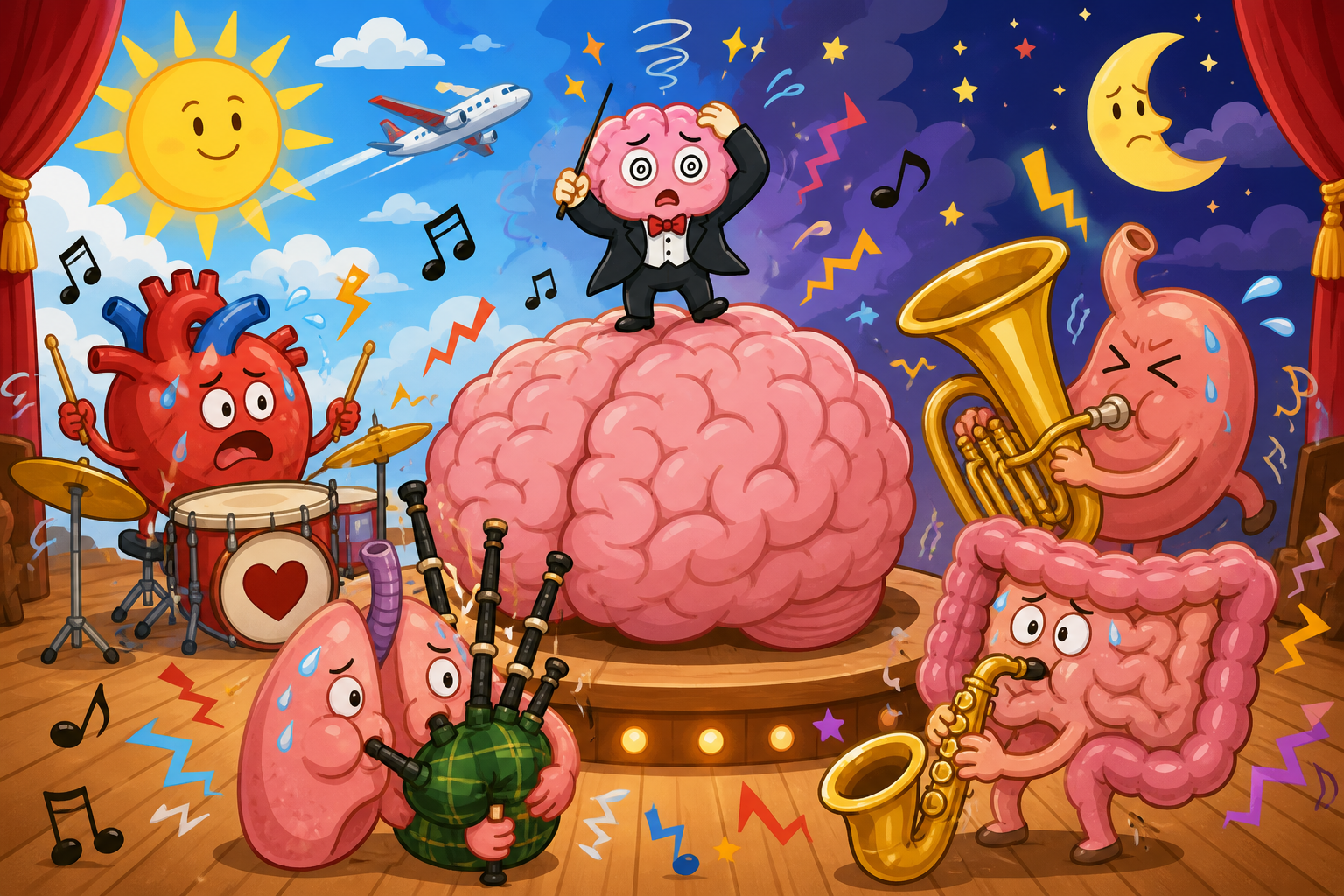 When you cross time zones, your SCN (the conductor) gets confused by the sudden change in light, causing your body's organs (the orchestra) to fall out of sync, leading to jet lag.