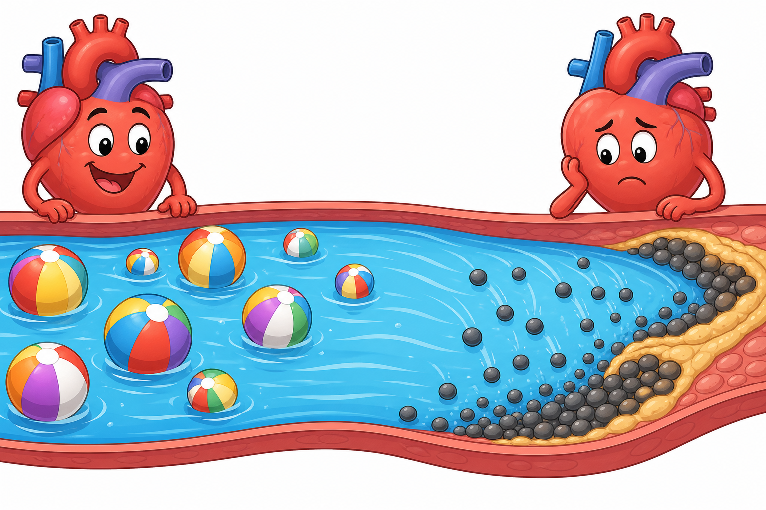 This image illustrates the difference between large, fluffy LDL particles (like beach balls) that float harmlessly and small, dense LDL particles (like pebbles) that can get stuck in artery walls.