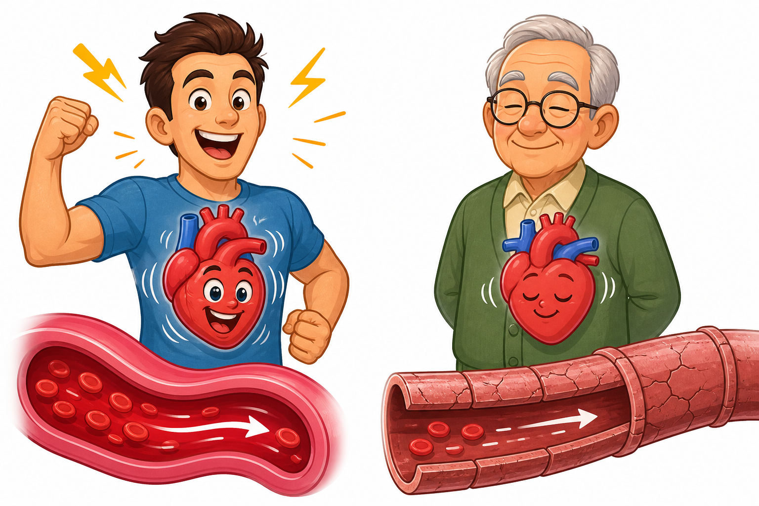 High blood pressure can have different causes depending on age. In younger adults, it's often due to an overactive stress response making the heart pump too hard. In older adults, it's usually caused by blood vessels becoming stiff and less flexible.