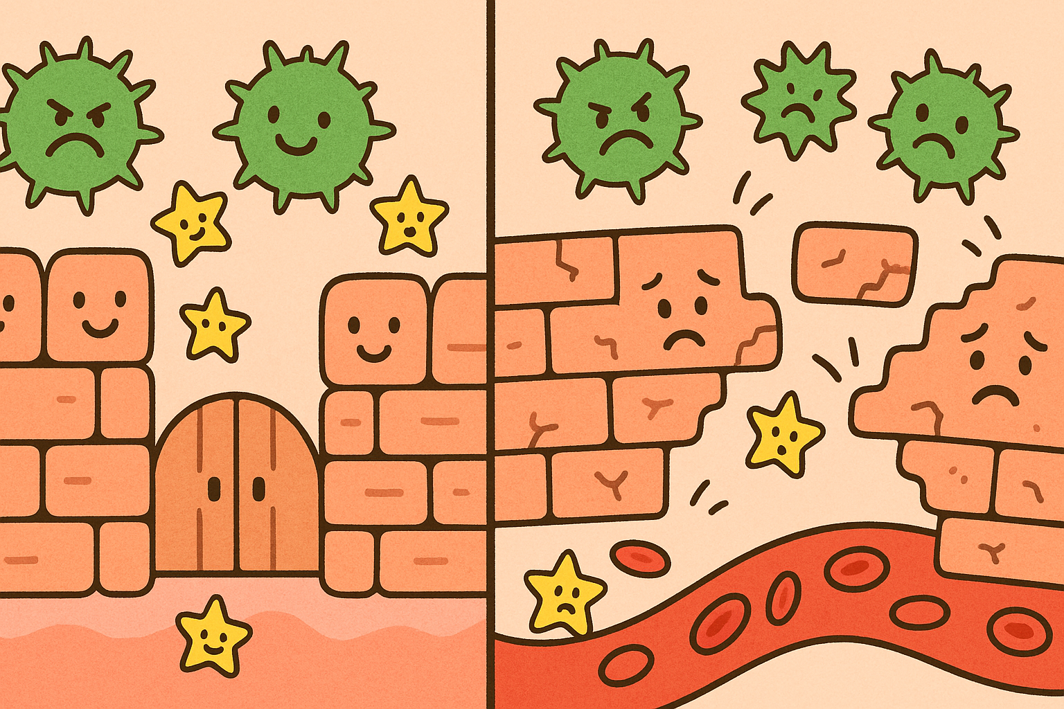 Your intestinal lining acts like a protective wall, letting good nutrients in and keeping bad stuff out. When this wall is strong (left), you stay healthy, but if it becomes