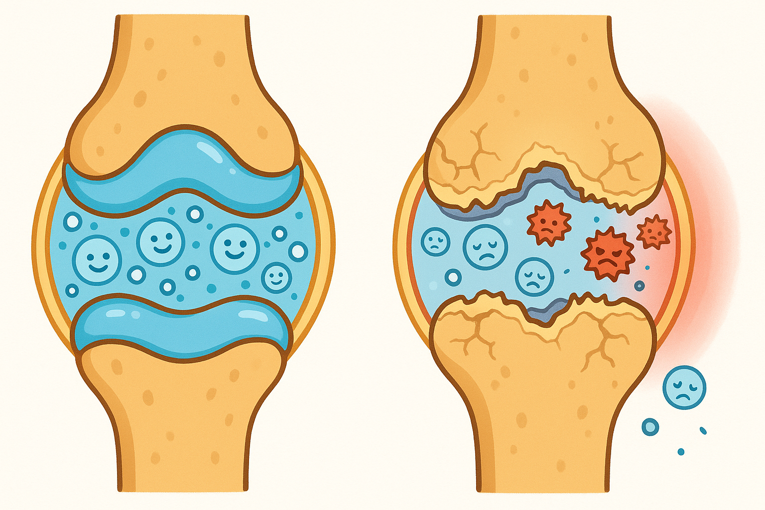 In osteoarthritis, the joint's natural lubrication (hyaluronic acid) and shock absorption (chondroitin sulfate) break down. This leads to damaged cartilage, inflammation, and pain.
