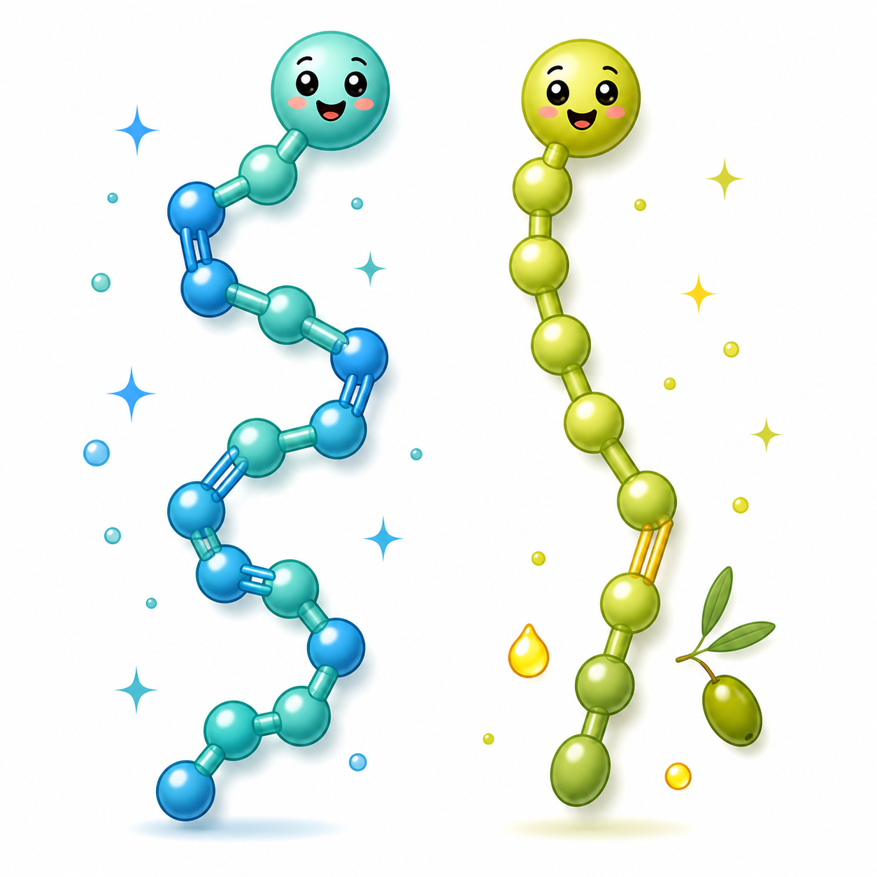 Fish oil contains 'polyunsaturated' fats with many flexible parts, while olive oil has 'monounsaturated' fats with just one key flexible part. These differences make them behave uniquely in our bodies.