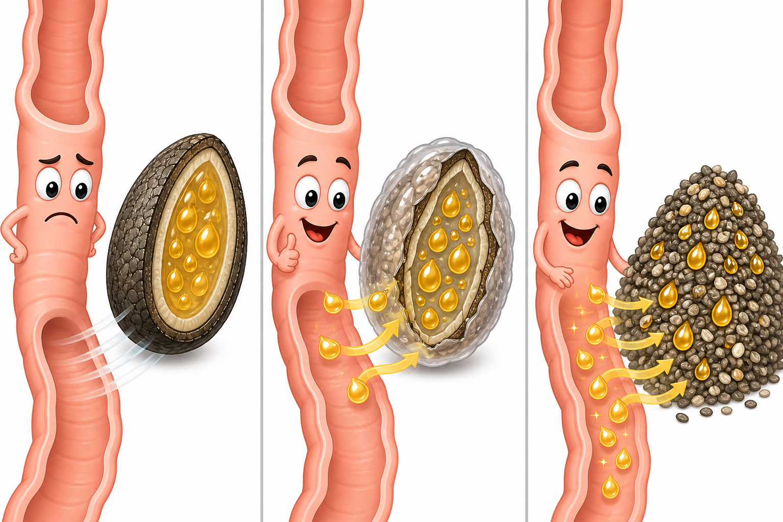 This illustration compares how different chia seed preparations allow your body to absorb omega-3s. Dry, whole seeds often pass through undigested, while soaked or ground seeds make their healthy fats much more available for your body to use.
