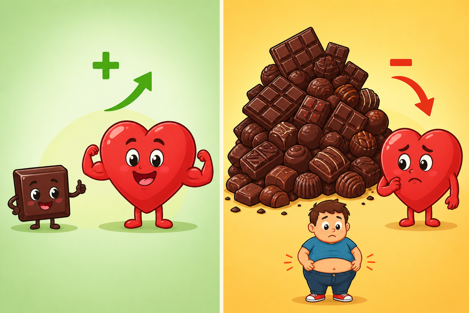 A small amount of dark chocolate can benefit your heart, but eating too much adds excess calories and sugar, which can lead to weight gain and cancel out any positive effects.