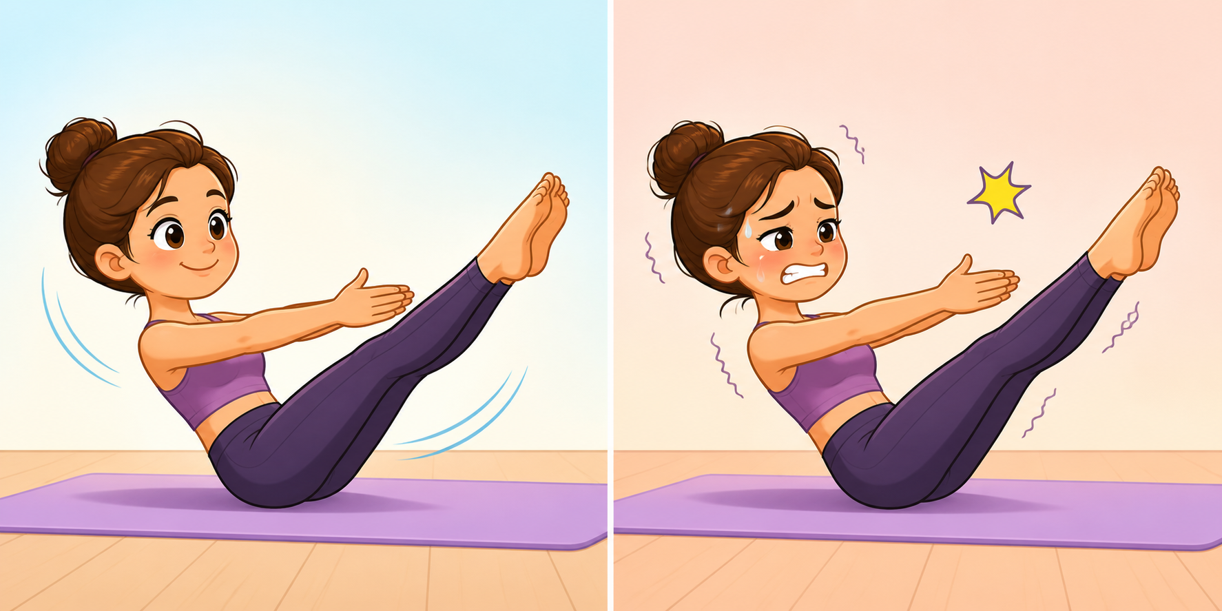 This illustration compares low-intensity (left) and high-intensity (right) Pilates. Research shows both are equally effective for back pain relief, but low-intensity Pilates causes fewer side effects.