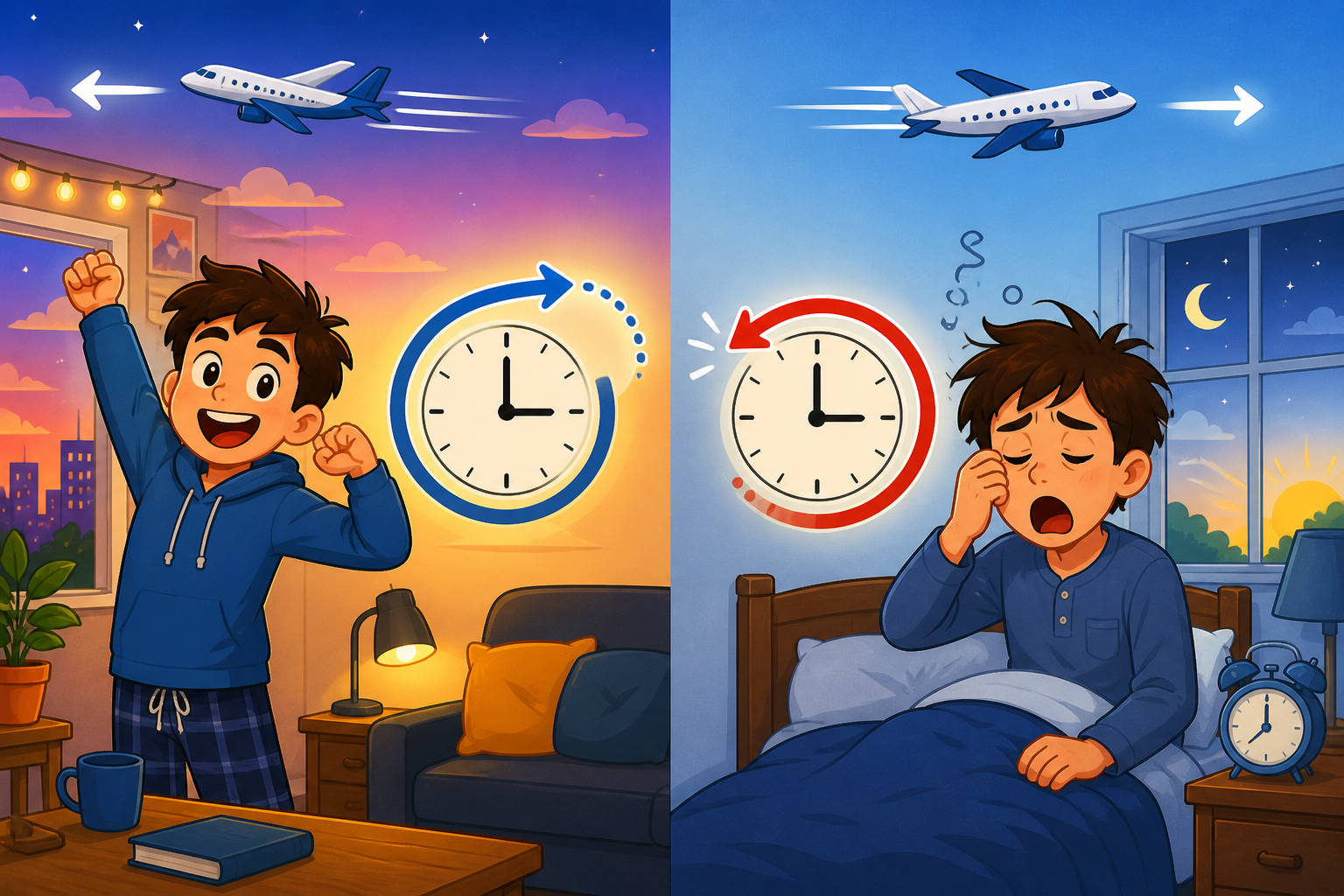 Our body's natural clock is slightly longer than 24 hours, making it easier to adjust by staying up later (like flying west) than by trying to force ourselves to wake up earlier (like flying east).