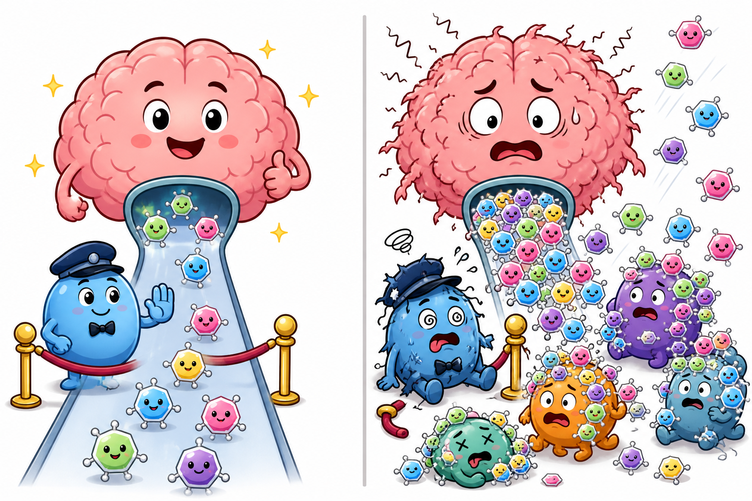 In a healthy brain, glucosamine levels are carefully regulated. However, in an Alzheimer's brain, excess glucosamine can lead to 'hyperglycosylation,' where too many sugar molecules coat proteins, worsening cognitive decline.