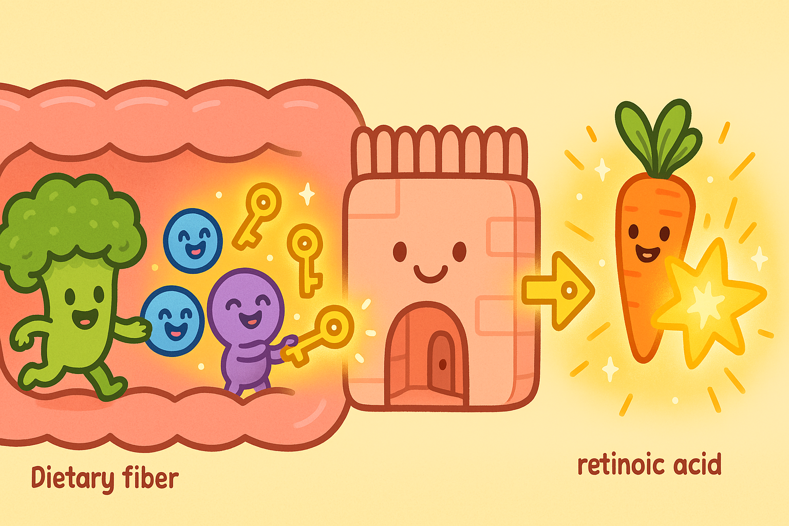 When you eat fiber, your gut bacteria break it down to create butyrate, which acts like a key. This key unlocks your cells to process Vitamin A into its active form, essential for gut health.