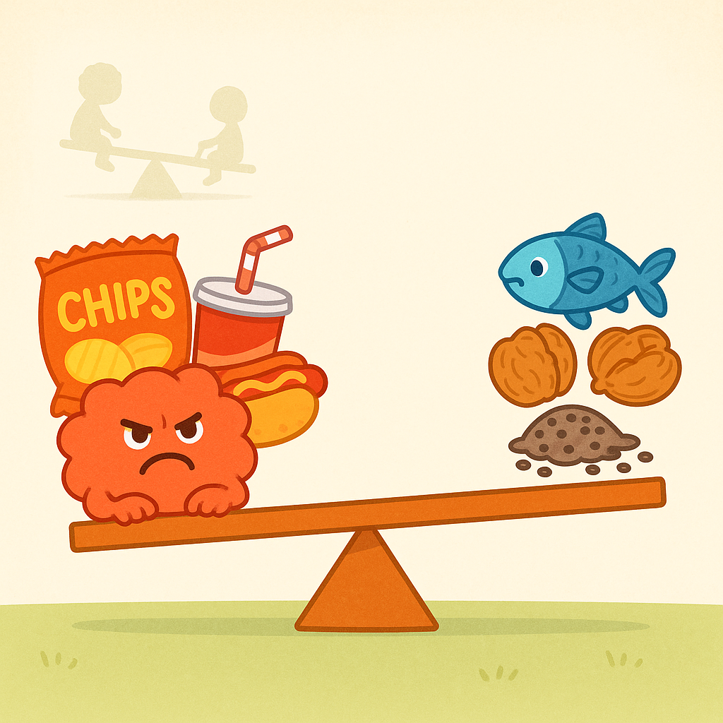 Historically, our diets had a balanced ratio of omega-3 and omega-6 fats. Today, many processed foods contain too many omega-6s, tipping the balance towards inflammation. Eating more omega-3s helps restore balance and reduces inflammation.